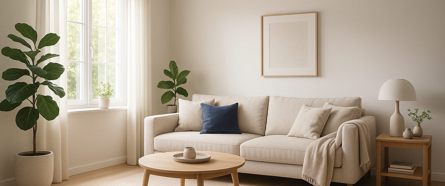 A comfortable living room in warm afternoon light