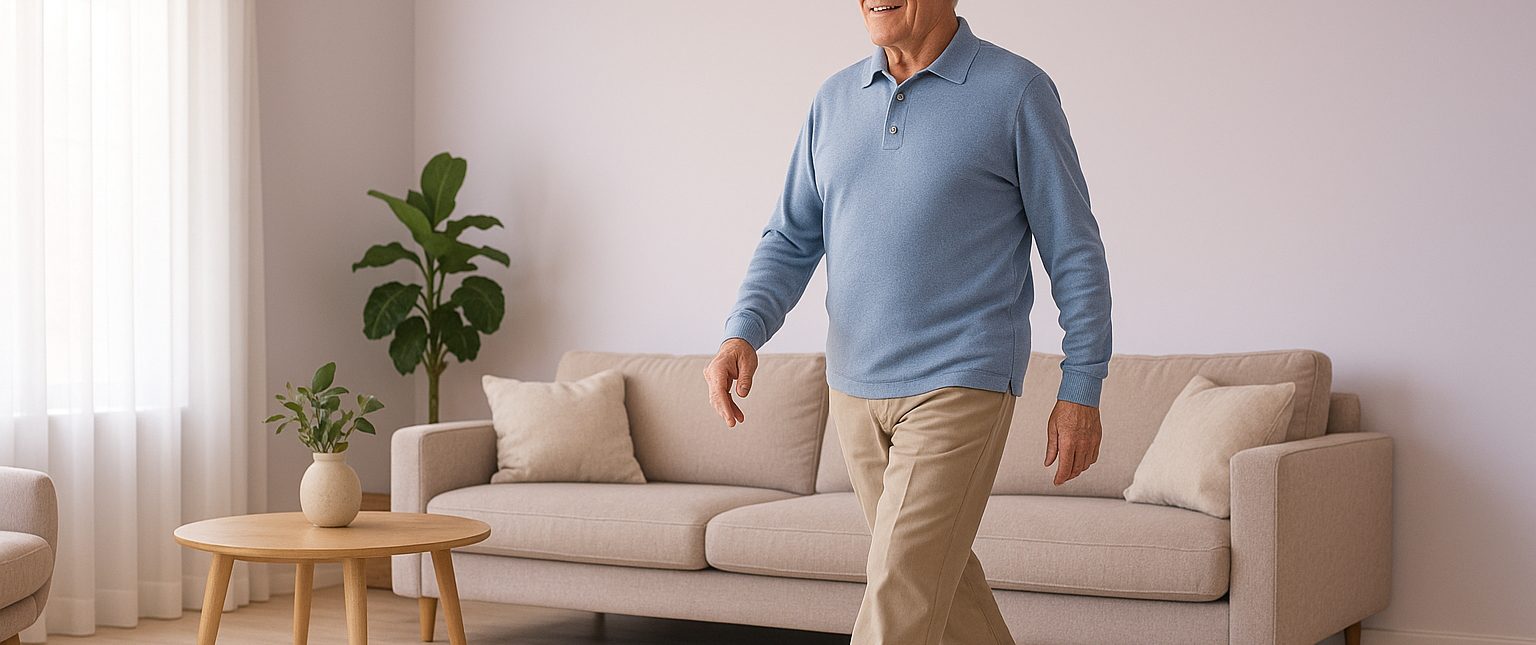 A resident moving confidently through a well lit living space