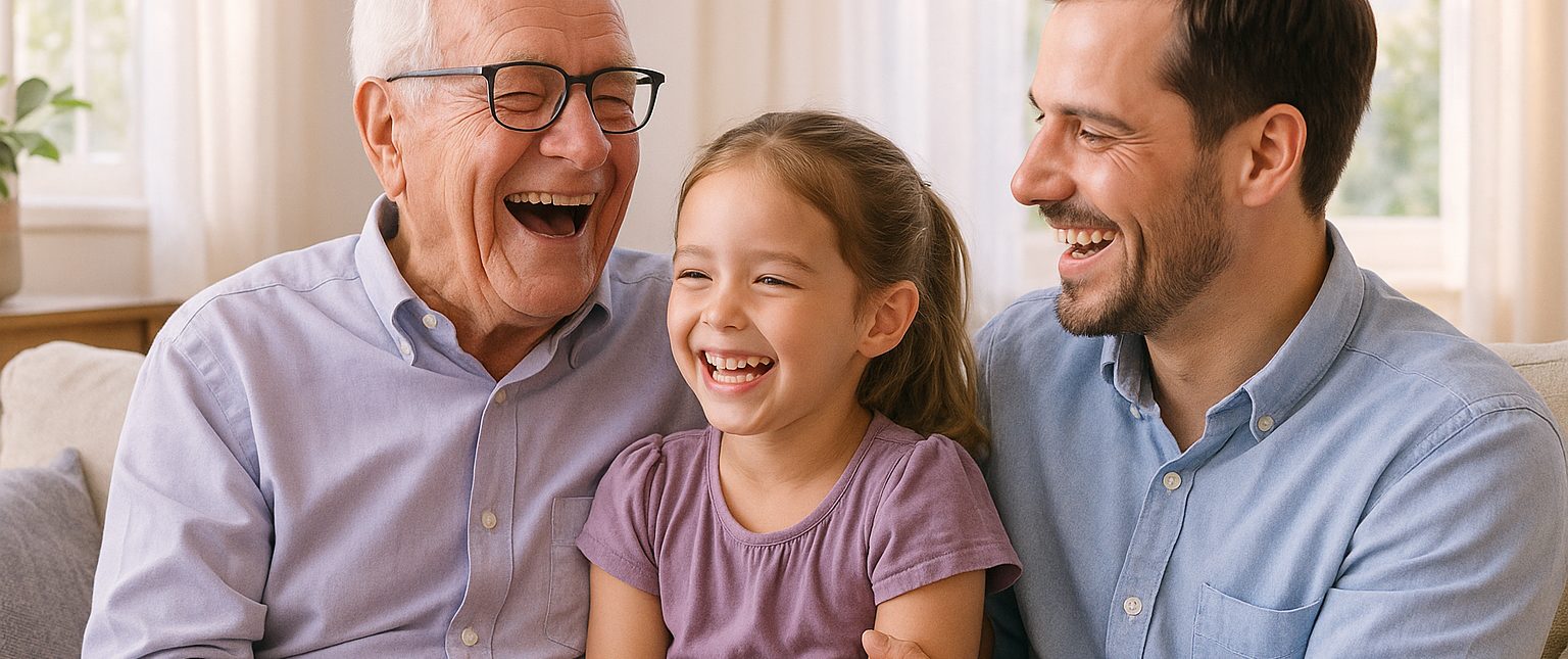An older adult sharing a warm, everyday moment with their family at home in natural light