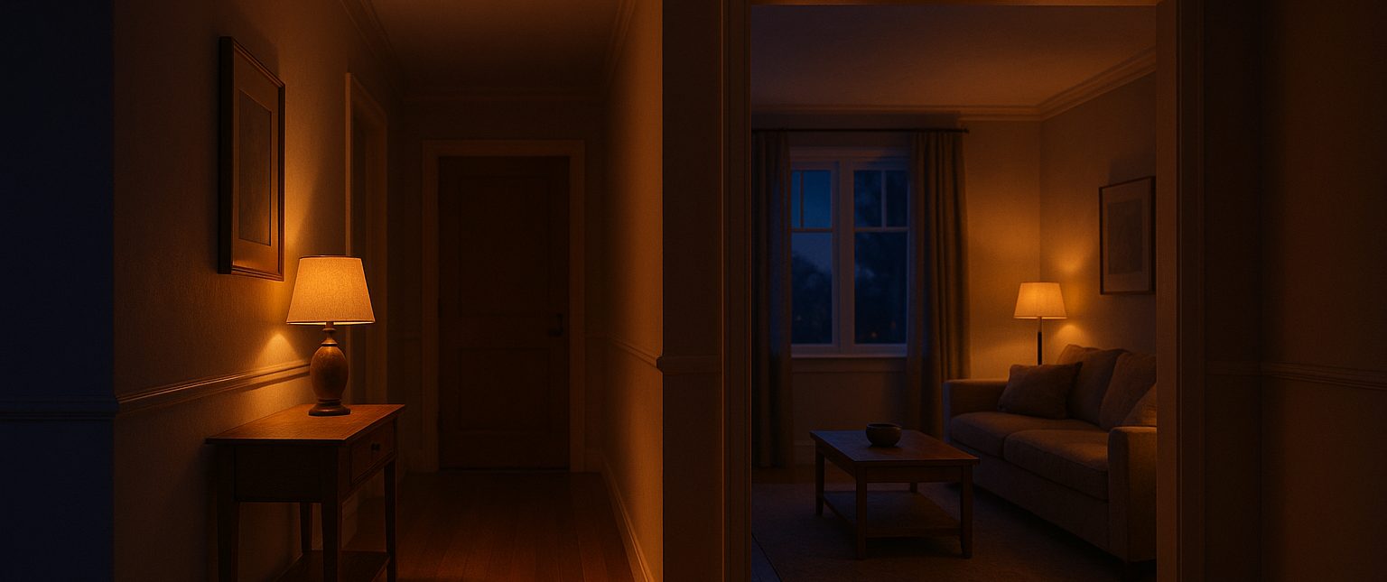 A residence at dusk, warm architectural light across the living space