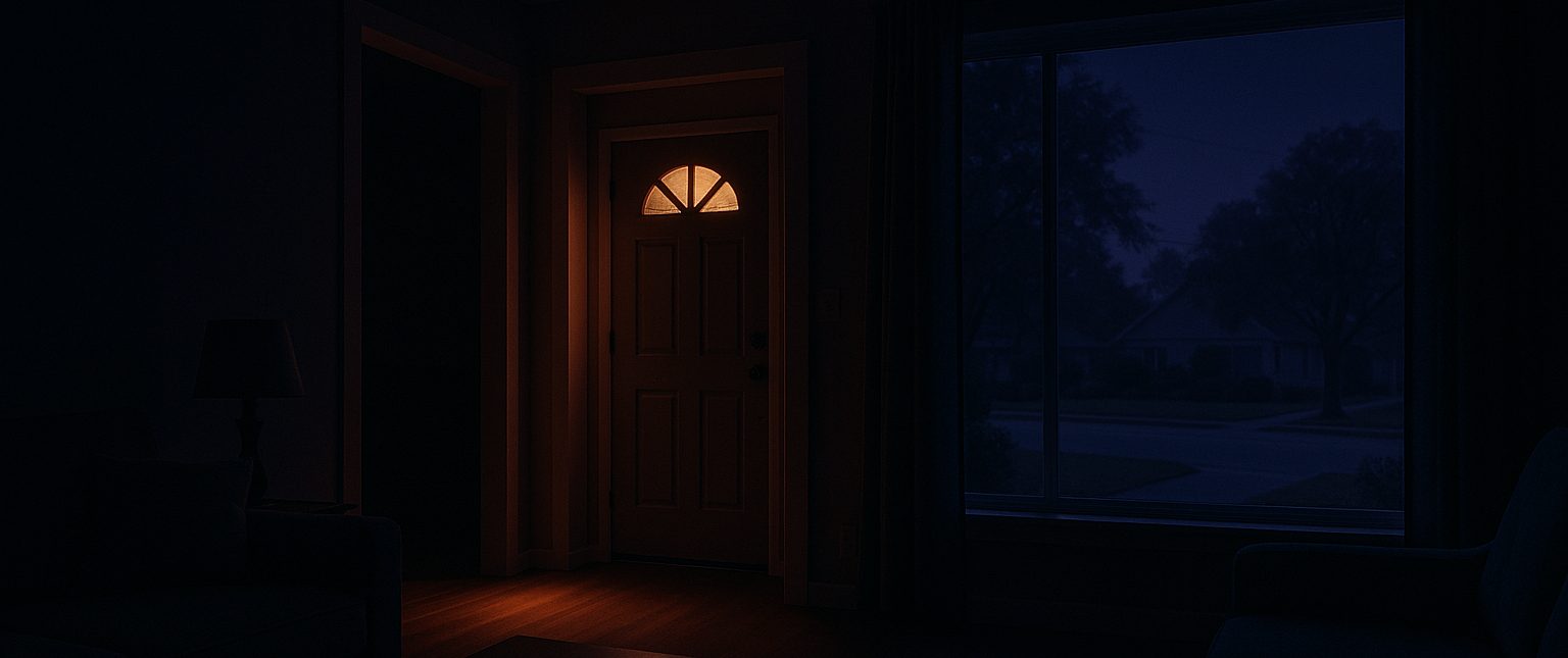 A residential building entrance at night, calm and well lit