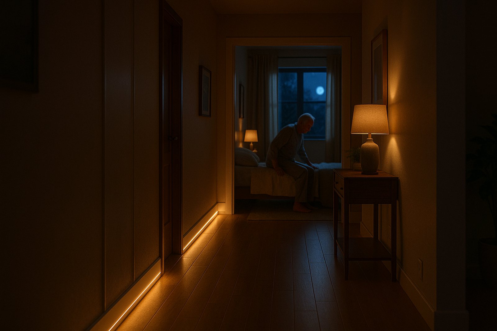 A corridor at night lit from the baseboard, guiding someone who has just got out of bed