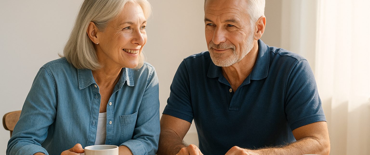 An older couple at home together in warm afternoon light