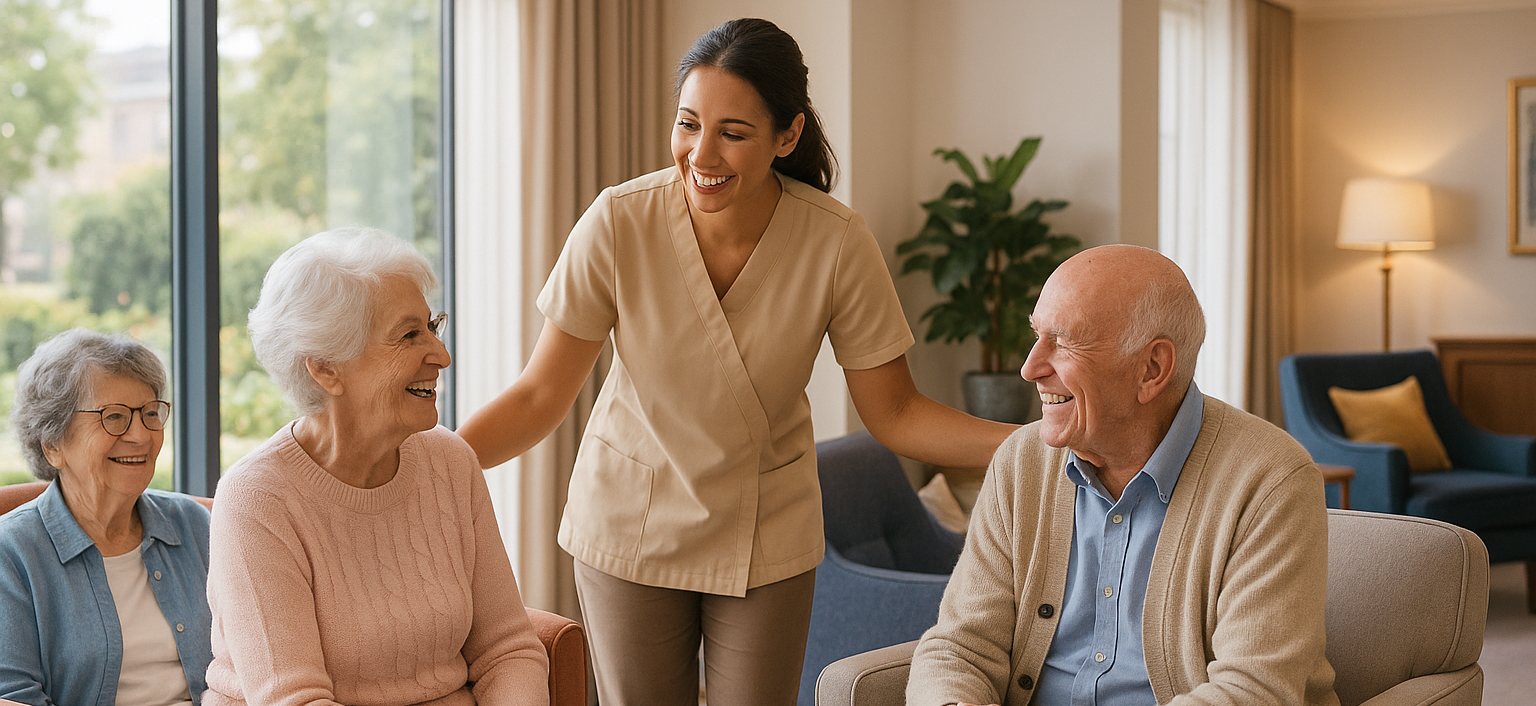 Residents and a wellness team member together in a light-filled community room