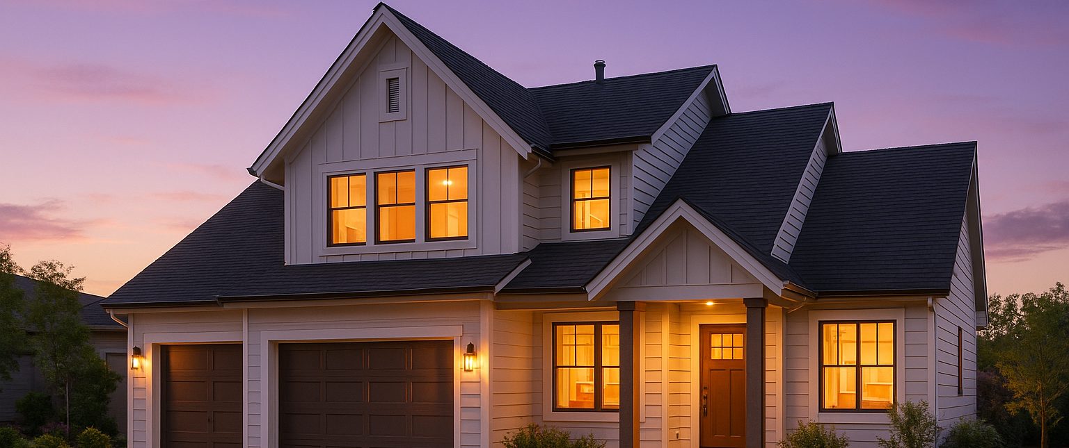A family home at dusk with its windows lit from inside