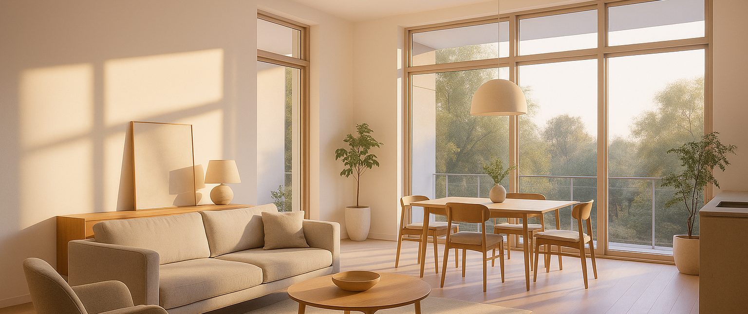A sunlit apartment living and dining room